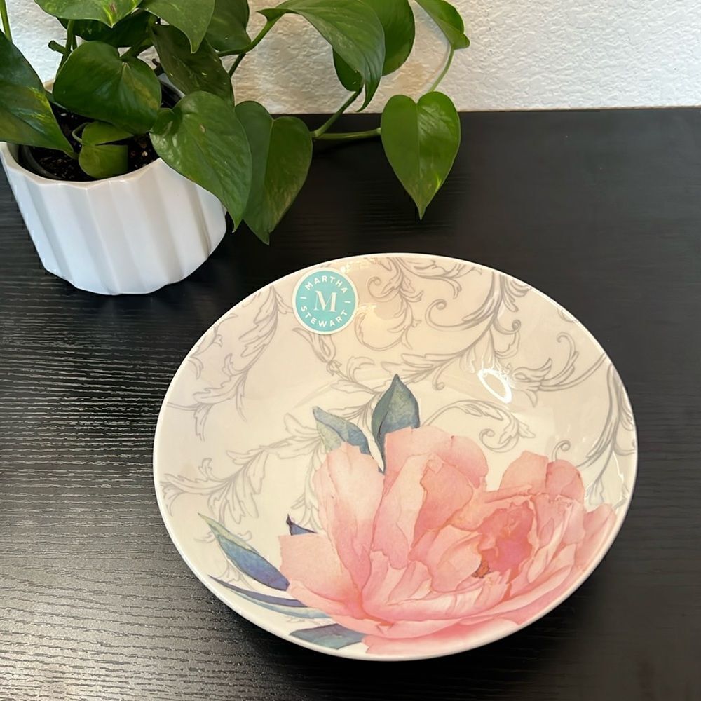 Martha Stewart Pink Peony Floral Ceramic Dinner Bowl Vegetable Plate - NWT
